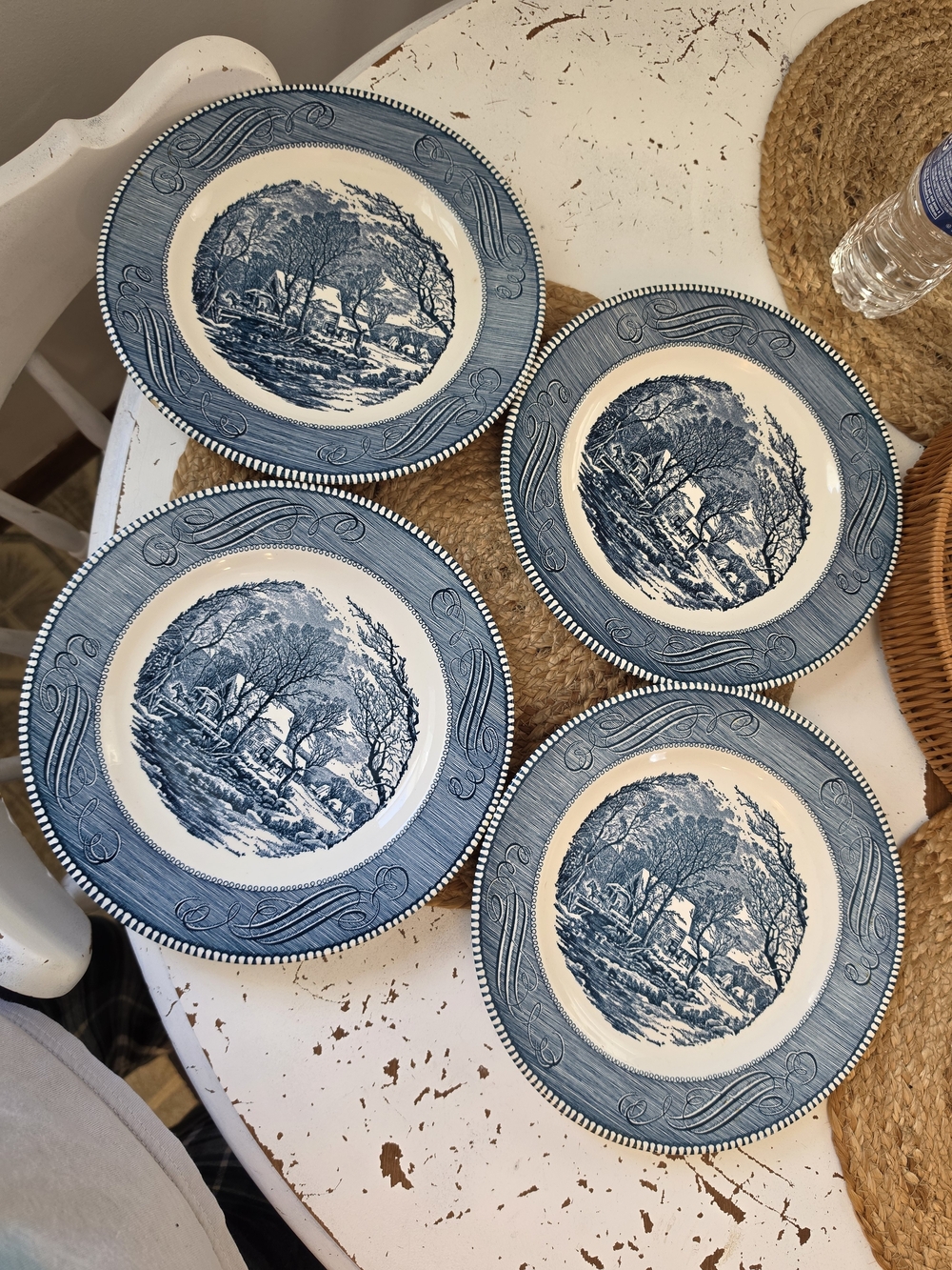 Royal China Currier & Ives blue transferware dinner plates.